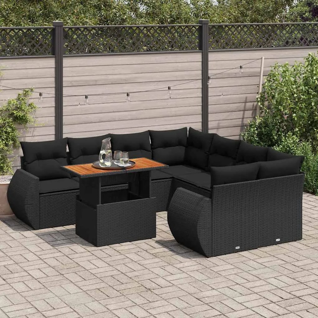 vidaXL 9 pcs conjunto de sofás p/ jardim c/ almofadões vime PE preto