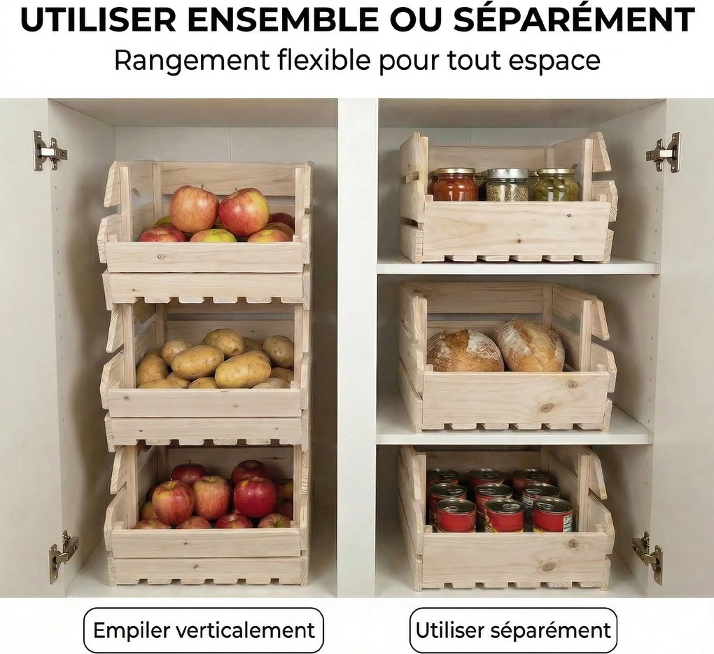 Suporte para cesto de frutas em madeira de abeto com 3 andares removíveis 27 x 37,5 x 60 cm, para frutas e legumes, natural