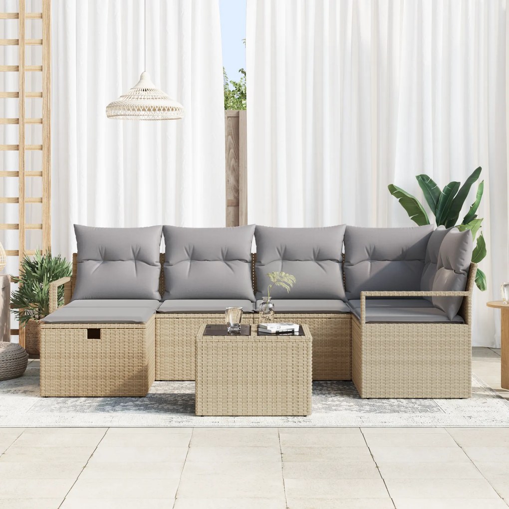 Conjunto de Sofás de Jardim vidaXL com Almofadas Bege Vime PE 7 Peças,