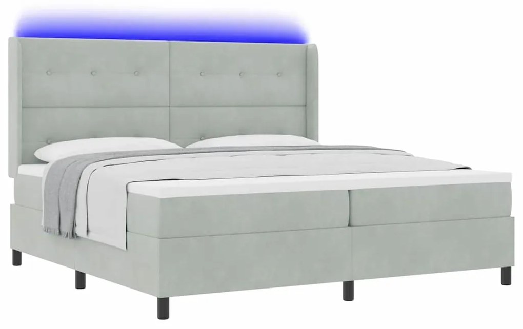 Cama Box com Colchão e Luz LED Cinza Claro 200x200 cm Veludo