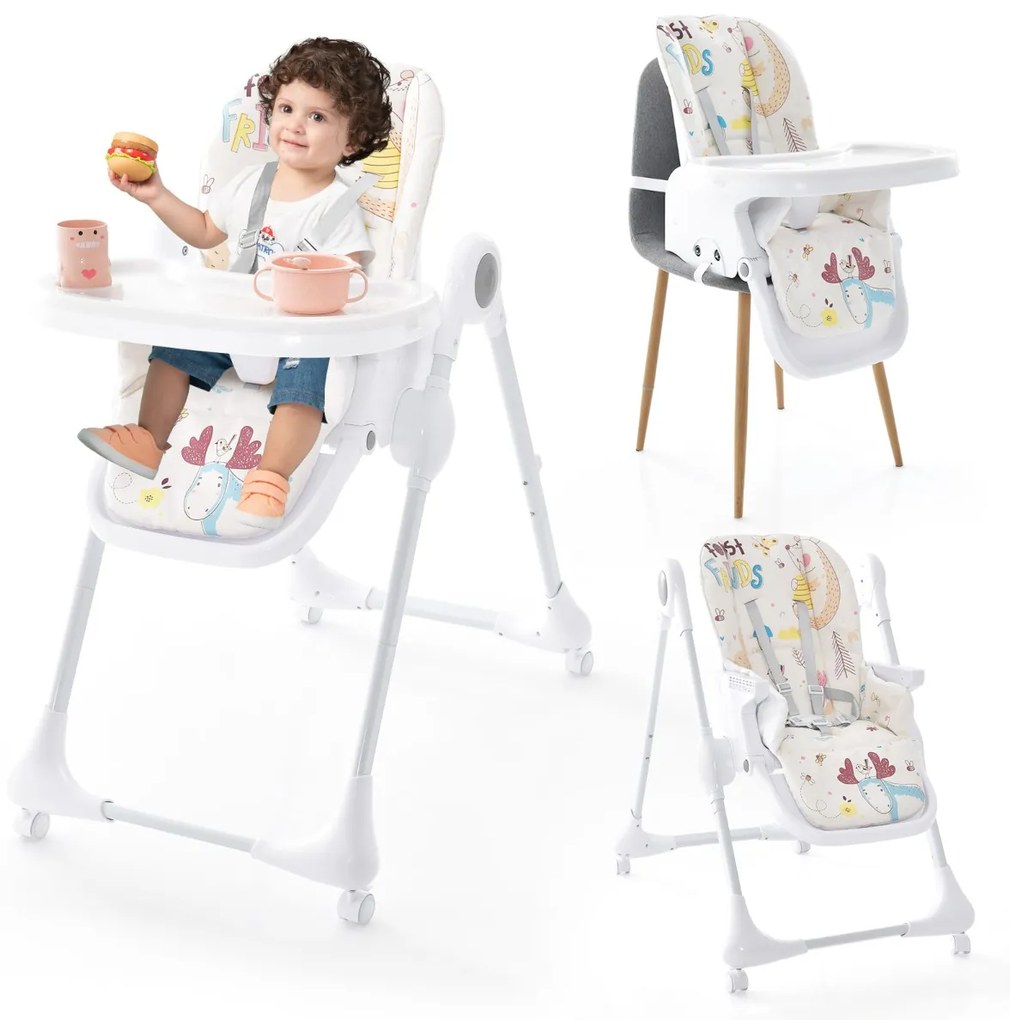 Cadeira refeição alta infantil dobrável com baixo custo reclinável e regulável em altura 4 rodas universais com travões 96 x 60 x 89-107 cm