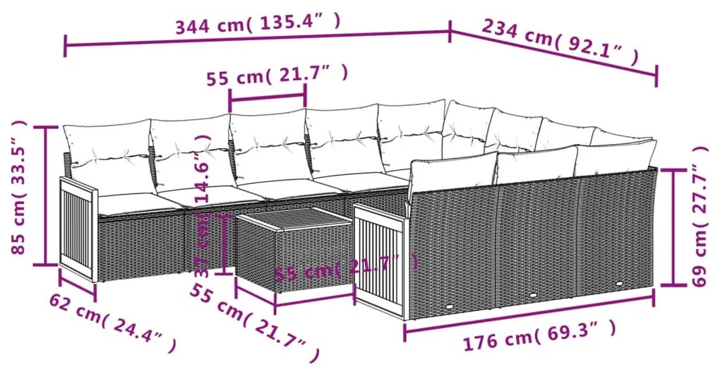 11 pcs conjunto sofás de jardim c/ almofadões vime PE cinzento