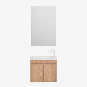 Conjunto De Móvel De Casa De Banho Suspenso Em Madeira Com Lavatório Integrado Narek Castanho Fresno & Retangular Led E Anti-embaciamento 55x90 Cm Rib