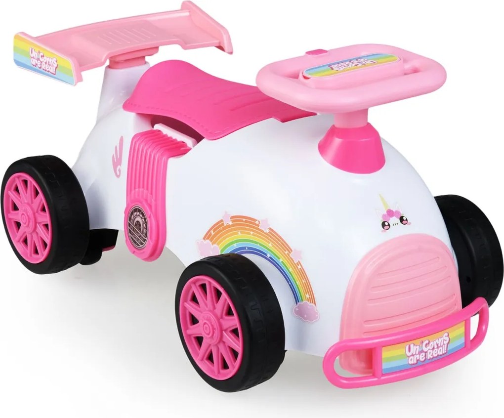 Andarilho infantil Unicórnio com música, arrumação debaixo do assento e rodas universais para crianças dos 19 aos 36 meses Branco + Rosa