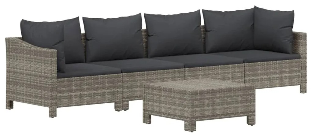 5 pcs conjunto lounge de jardim c/ almofadões vime PE cinzento