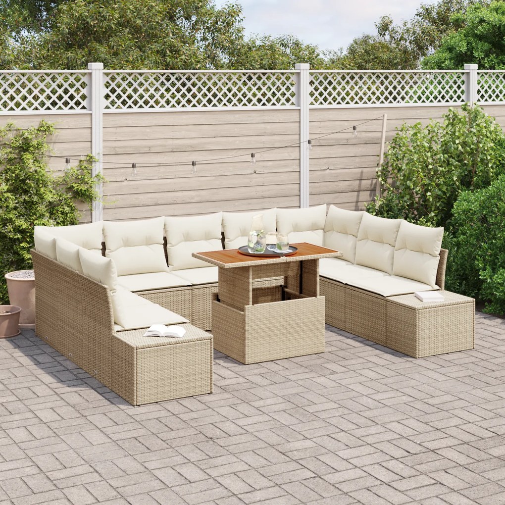 Conjunto de Sofá de Jardim com 10 Peças com Almofadas Bege Rattan PE