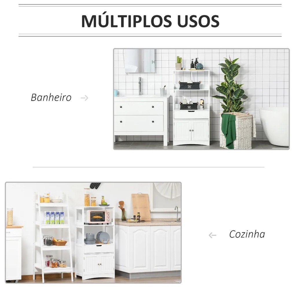 Armário para Banheiro com 3 Prateleiras Gaveta e 2 Portas Móvel de Armazenamento para Cozinha, Sala de estar Dormitório 60x33x122,5cm Branco