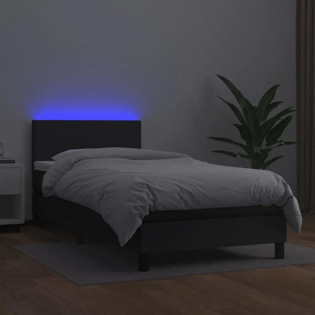 Cama box spring c/ colchão/LED 100x200cm couro artificial preto