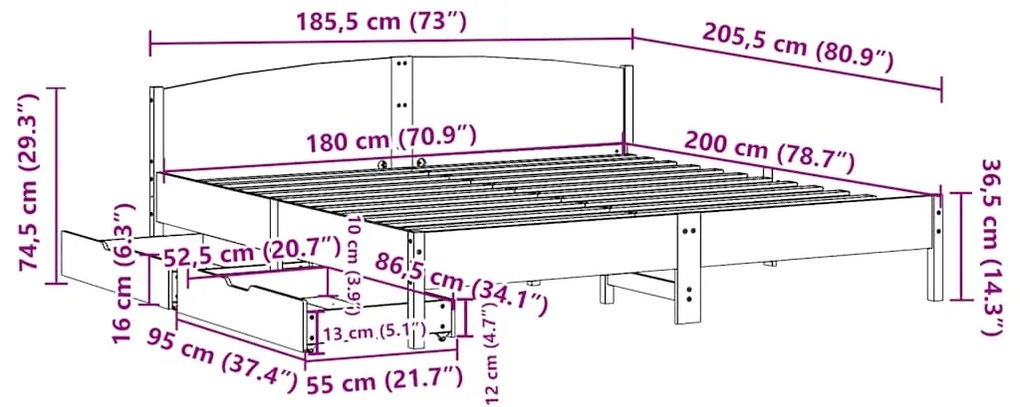 Cama sem colchão 180x200 cm pinho maciço castanho-mel