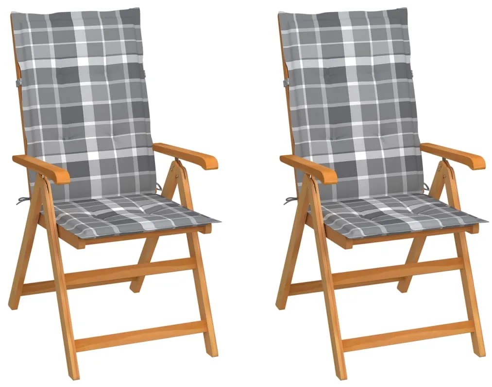 Cadeiras jardim c/ almofadões xadrez cinzento 2 pcs teca maciça