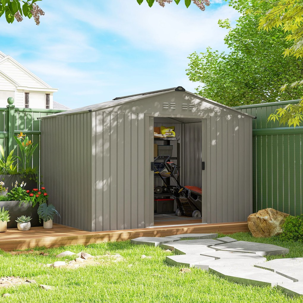 Abrigo de jardim com 5,4 m², dimensões: 2,77 x 1,95 x 1,92 m, com fundações incluídas (PISO NÃO INCLUIDO), porta de correr, aberturas de ventilação e