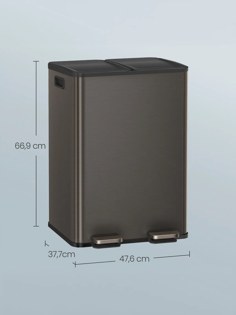 Caixote do lixo de cozinha 47,6 x 37,7 x 66,9 cm com dois compartimentos e tampa de fecho suave em aço cinza ardósia