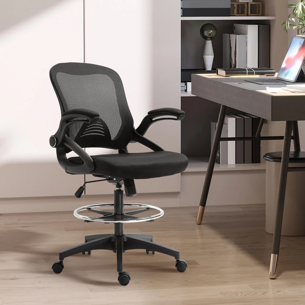 Cadeira de escritório ergonómica, com apoio para os pés com encosto em malha, altura ajustável, braços, assento almofadado e giratório a 360°, preta