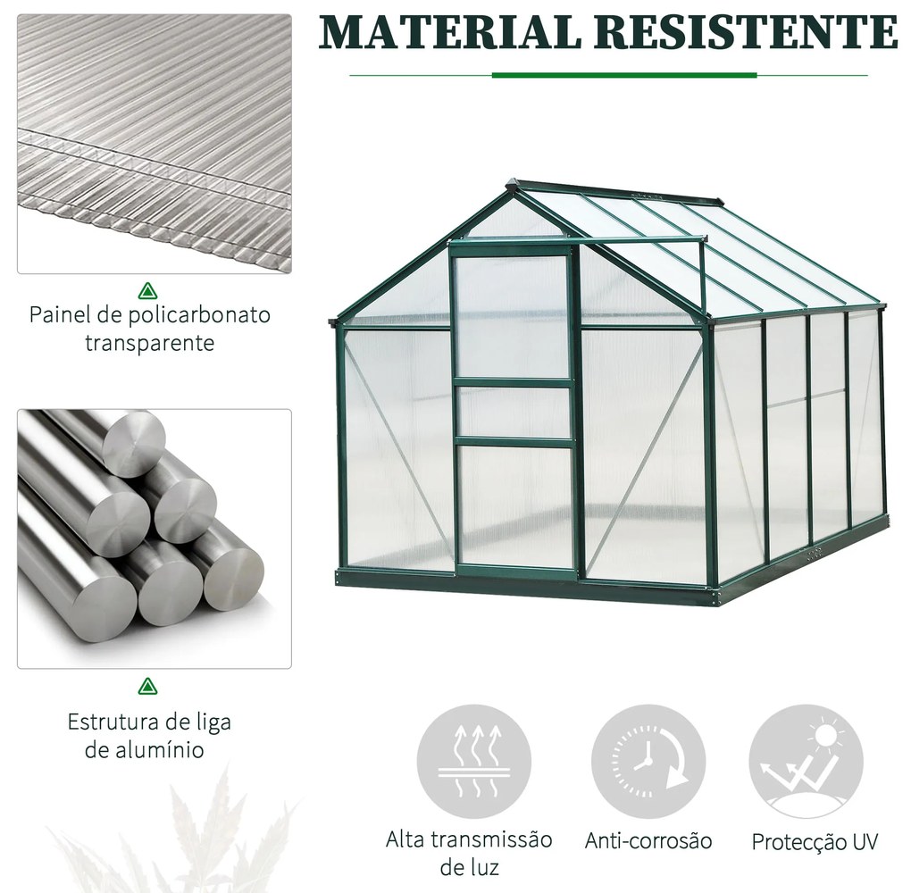 Outsunny Estufa de Jardim 2x2,5m de Policarbonato e Alumínio Estufa com Clarabóia Proteção UV 30 e Base 4,79 m² para Vasos Cultivos de Plantas e Flores Transparente