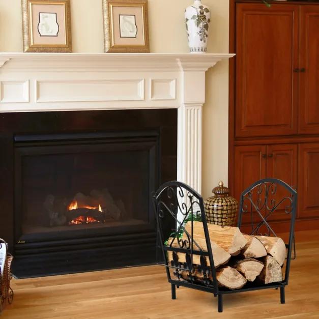 Suporte lenha decorativo em aço inoxidável para lareiras com alças e pés elevados 36 x 32 x 35 cm preto