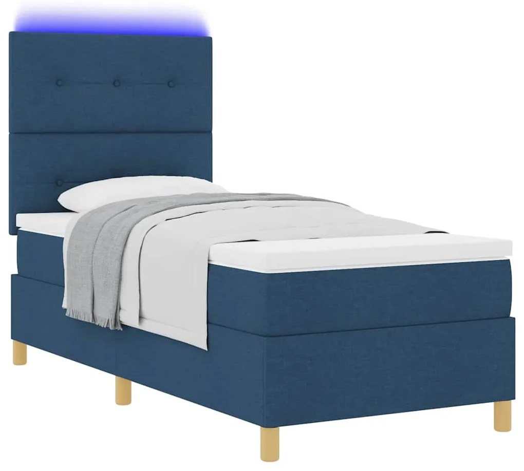 Cama Box com Colchão &amp; LED Azul 100x200 cm em Tecido