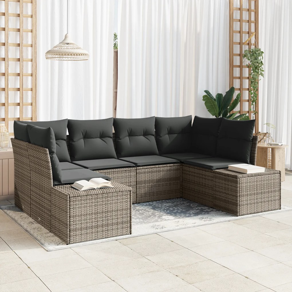 Conjunto de Sofá de Jardim 6 Peças com Almofadas Cinza Polirattan