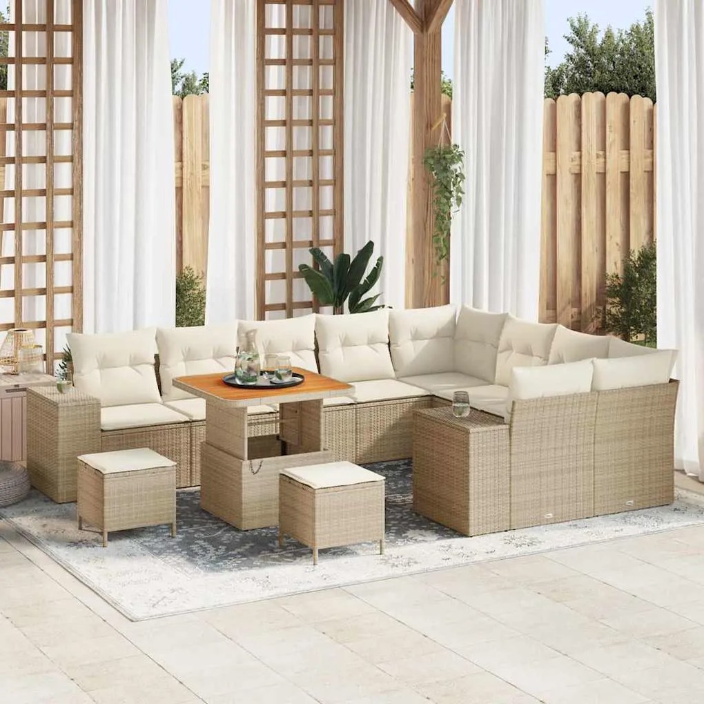 vidaXL Sofá de Jardim Modular de 12 Peças da com Almofadas Beiges em Rattan Sintético e Acácia