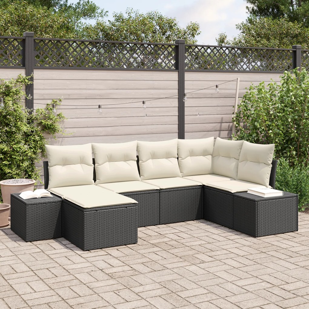 Conjunto de Sofá de Jardim com 6 Peças e Almofadas Preto de Rattan Pol
