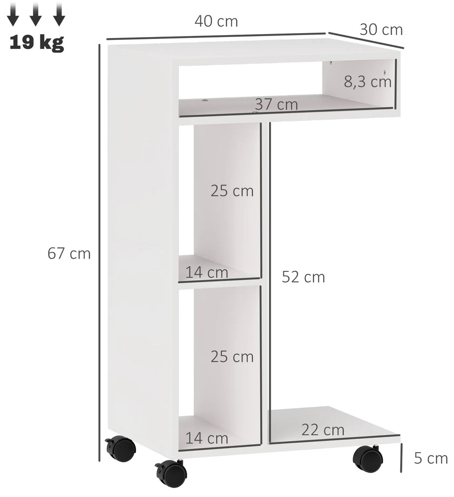 Mesa Auxiliar em Forma de C Mesa Auxiliar para Sofá com Rodas Compartimentos Abertos 40x30x69 cm Branco