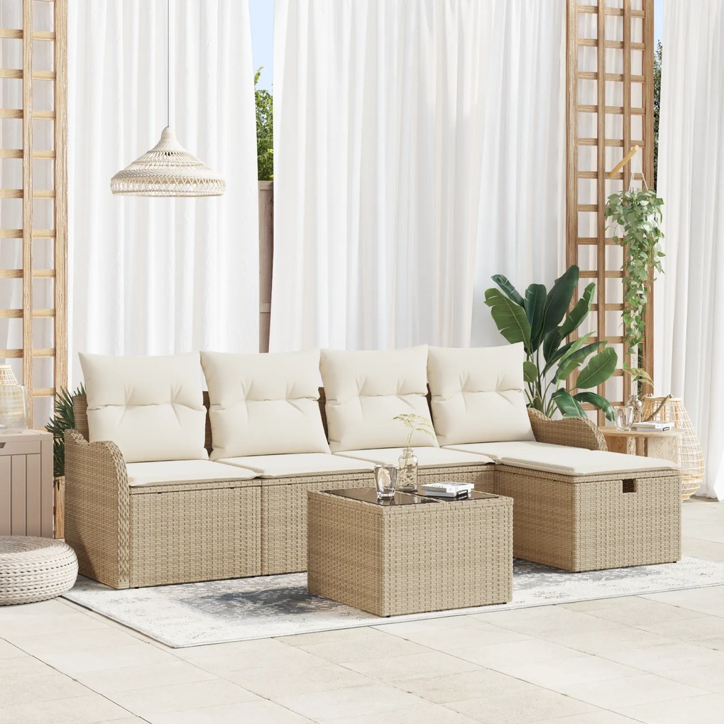 Conjunto de Sofá de Jardim vidaXL de 6 Peças com Almofadas Bege Rattan