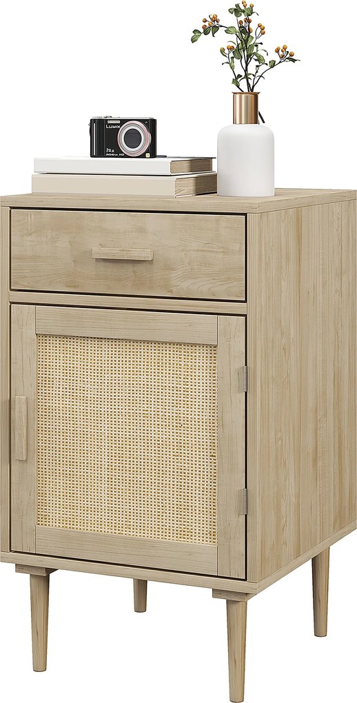 Mesa de cabeceira com armário e prateleira em rattan trançado, 1 gaveta, estilo boémio - 40 x 40 x 68,5 cm, natural