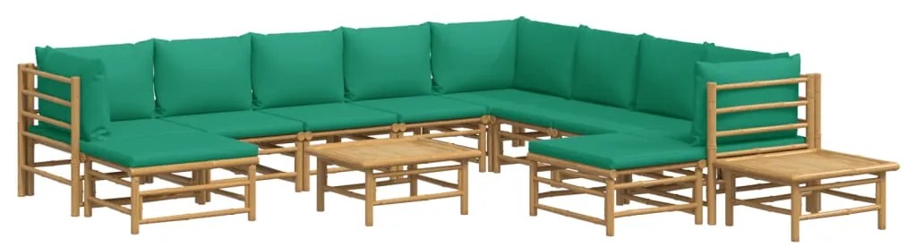 12 pcs conjunto lounge de jardim bambu c/ almofadões verdes