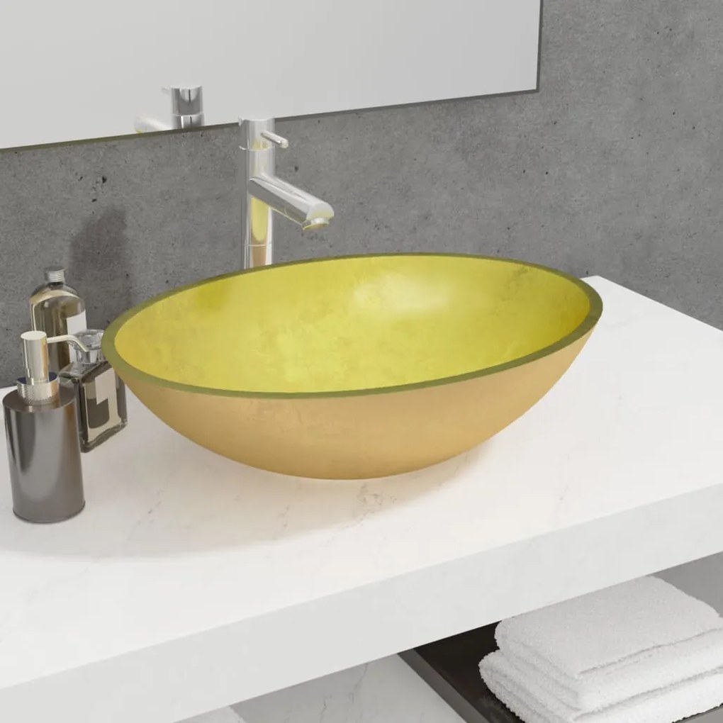 345261 vidaXL Lavatório 50x37x14 cm vidro dourado
