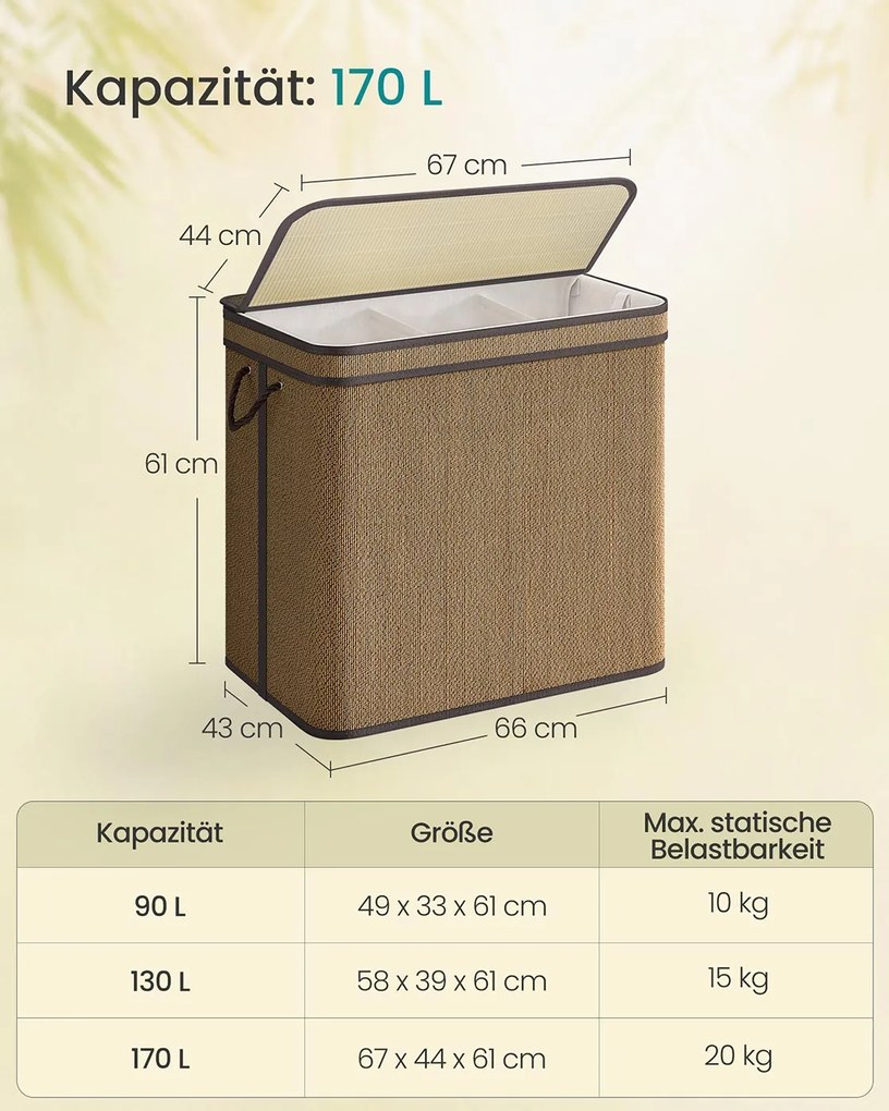 Cesto para roupa suja de 170 litros 67 x 44 x 61 cm em bambu com 3 compartimentos e tampa castanho