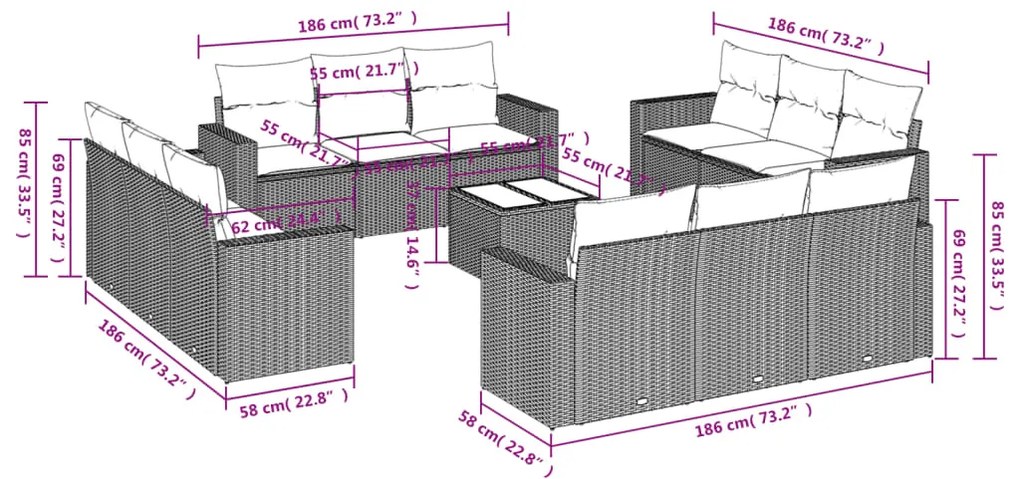 13 pcs conjunto sofás p/ jardim c/ almofadões vime PE cinzento