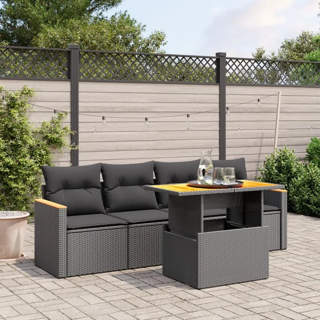 5 pcs conjunto sofás de jardim com almofadões vime PE preto
