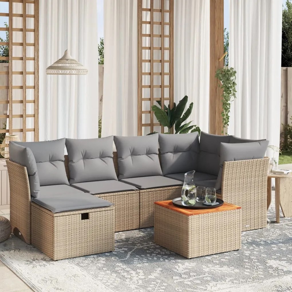 7 pcs conj. sofás jardim c/ almofadões vime PE bege misturado