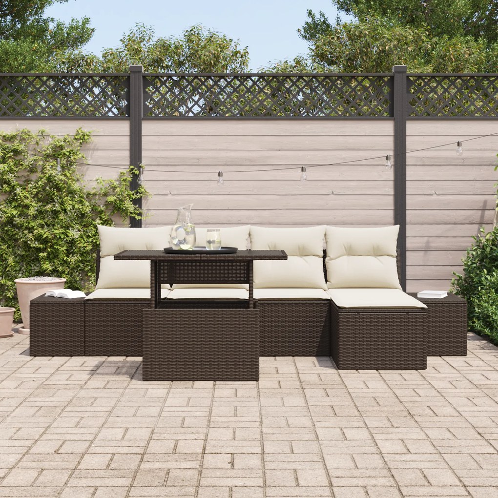 Conjunto de Sofá de Jardim 6 Peças com Almofadas Castanho em Rattan Si