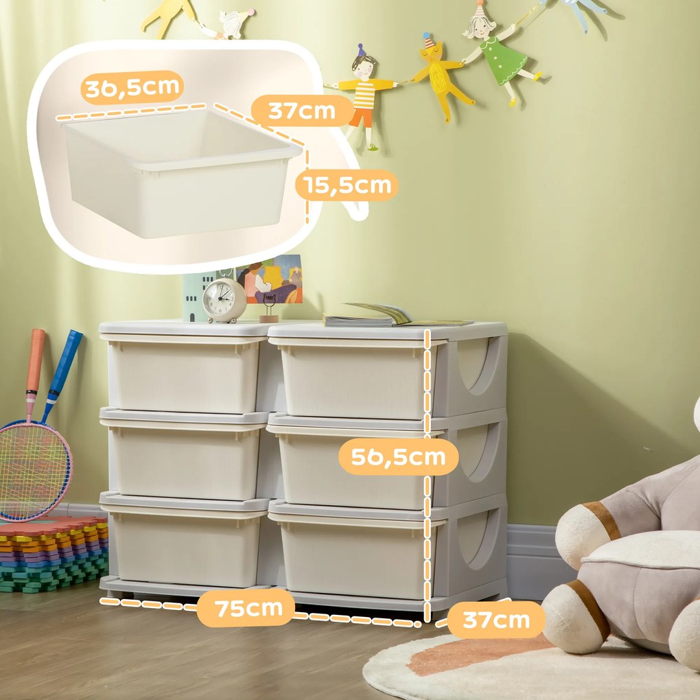 Organizador de Brinquedos com 6 Gavetas para Crianças com Bordas Arredondadas e Pegas 75x37x56,5 cm Creme e Cinza