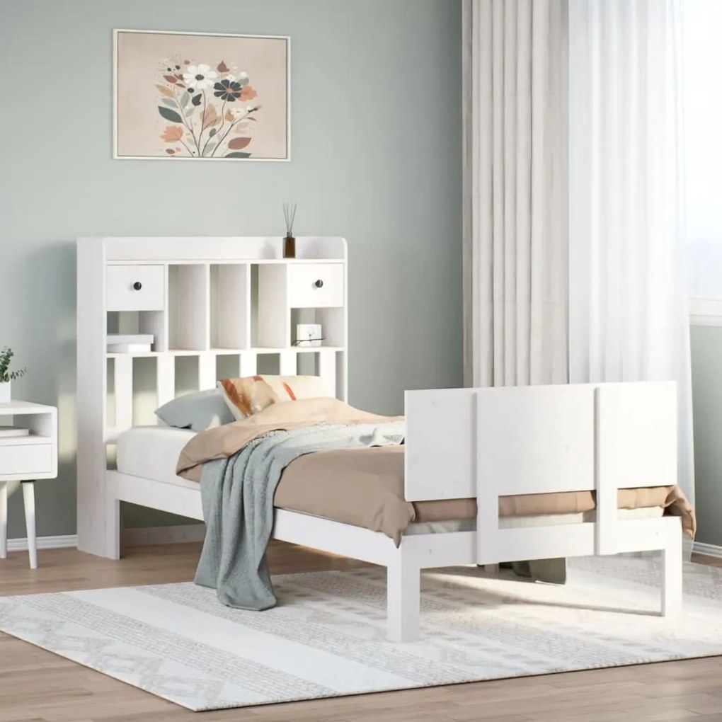 Cama com estante sem colchão 100x200 cm pinho maciço branco