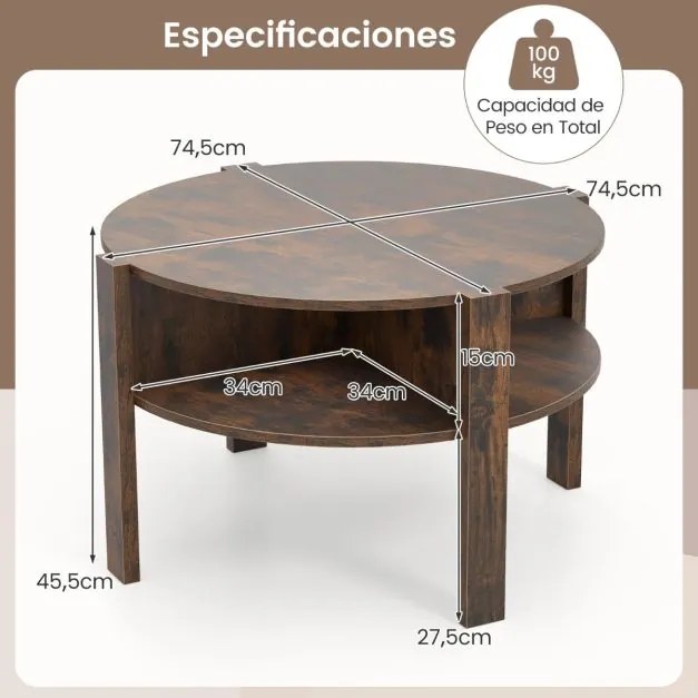 Mesa de centro redonda de 2 níveis com armazenamento de 74,5 cm com 4 prateleiras Castanha