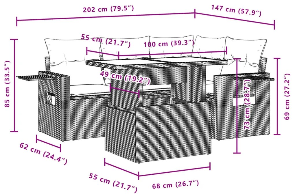 5 pcs conjunto de sofás p/ jardim com almofadões vime PE bege