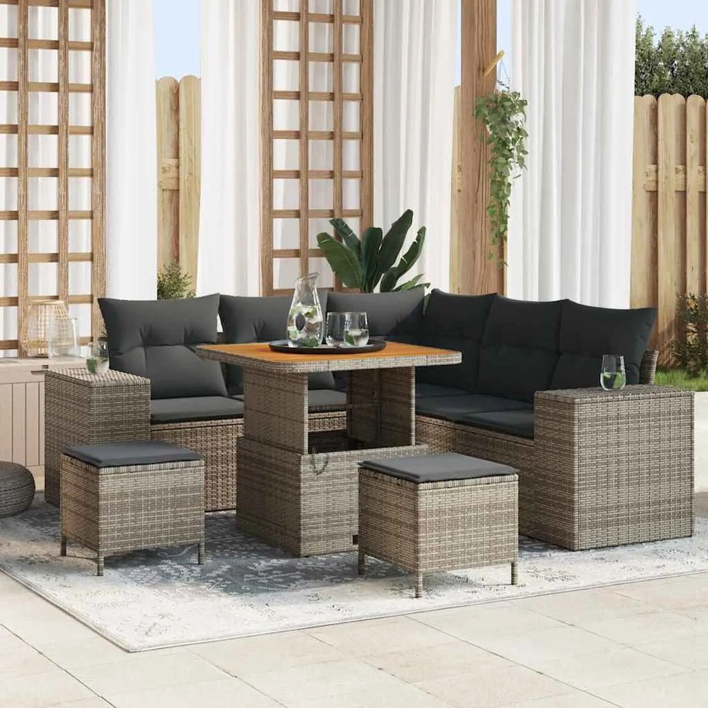 vidaXL Conjunto de Sofá de Jardim 8 Peças com Almofadas em Cinza, Rattan Sintético e Acácia.