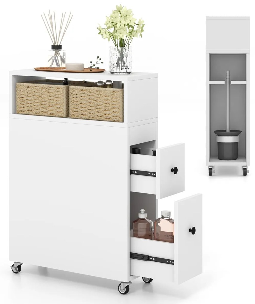 Armário de casa de banho móvel com rodas com gavetas deslizantes Cestos de vime extraíveis Suporte para escovas de sanita 50 x 19 x 72 cm Branco