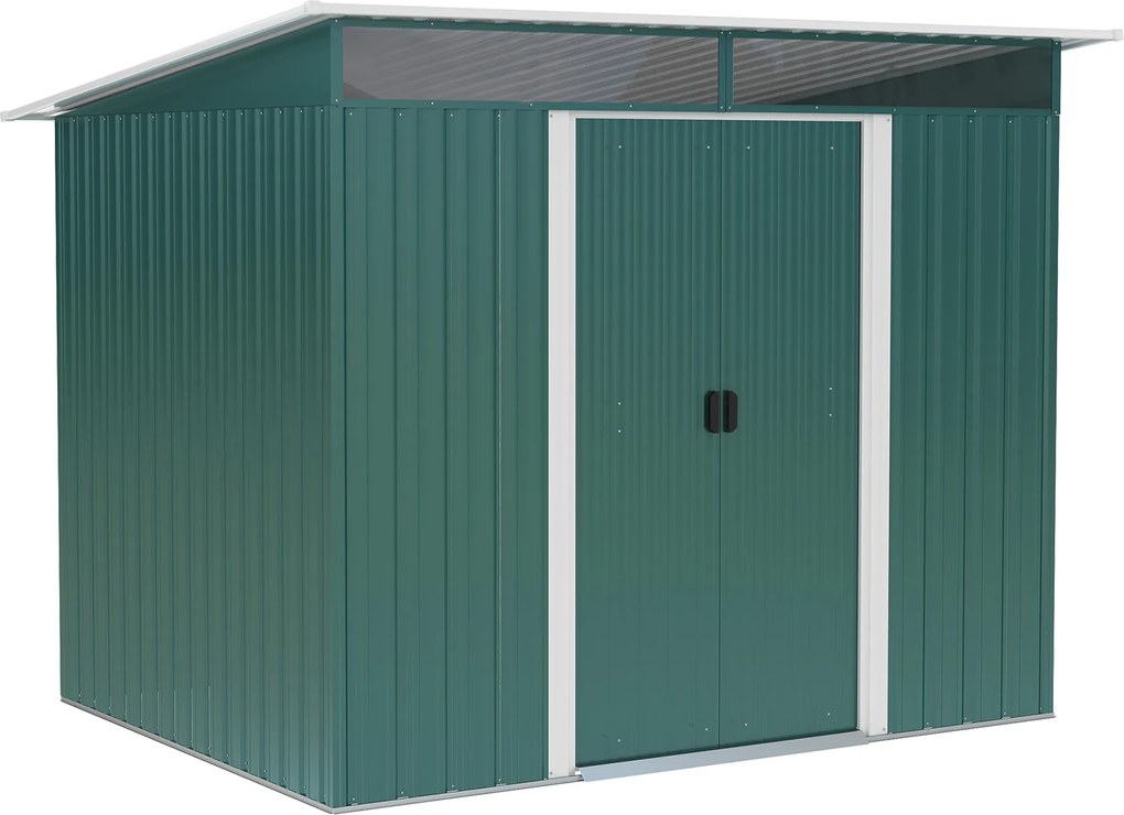 Abrigo de Jardim 4,5 m² 260x194x200 cm Abrigo Exterior Metálico com 2 Portas Deslizantes para Armazenamento de Ferramentas Verde