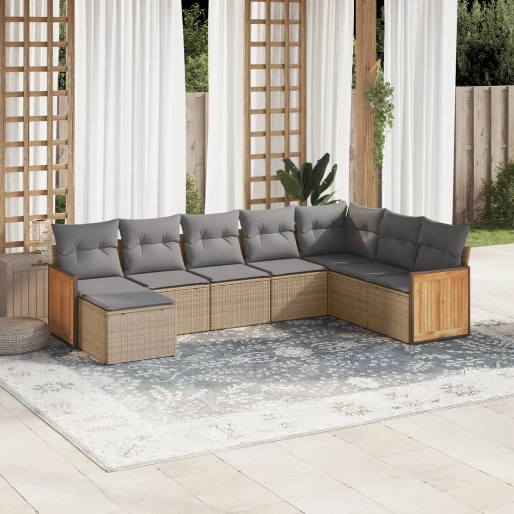 8 pcs conjunto de sofás p/ jardim com almofadões vime PE bege