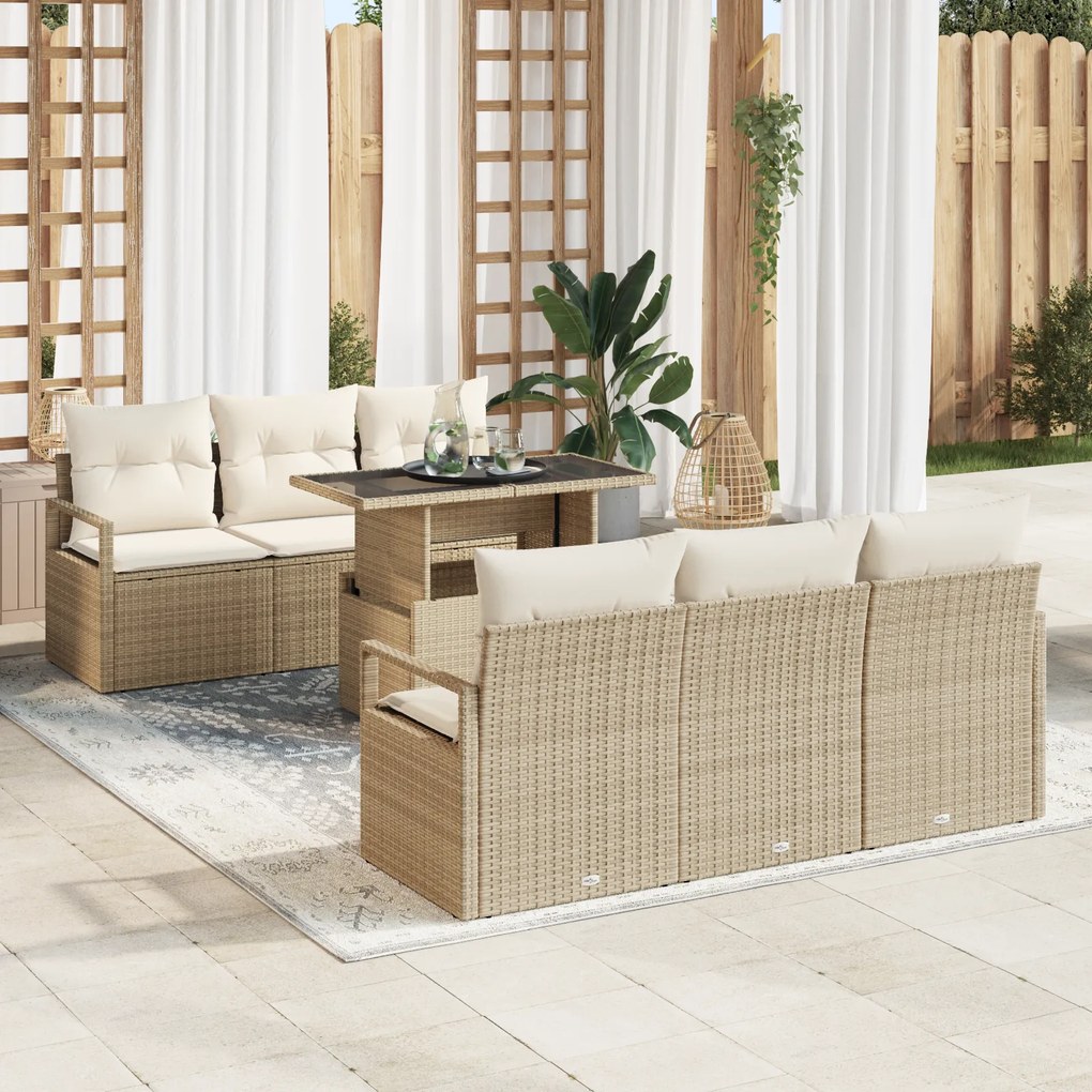 Conjunto de Sofá de Jardim vidaXL de 7 Peças com Almofadas Bege de Rat