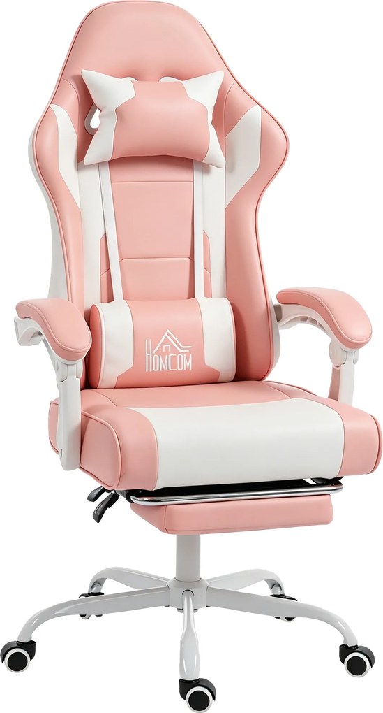 HOMCOM Cadeira Gaming Reclinável 155° com Suporte Lombar com Massagem Apoio de Cabeça e Apoio para os Pés 63x66x126-134 cm Rosa | Aosom Portugal