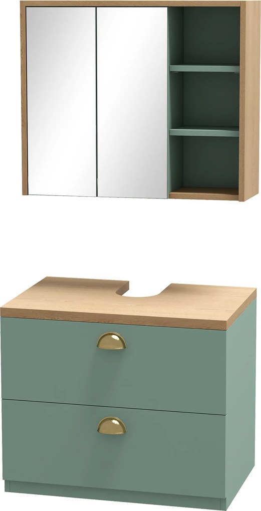 Conjunto de 2 móveis de casa de banho com prateleiras ajustáveis e 2 gavetas (LAVATORIO NÃO INCLUIDO), design escandinavo, verde