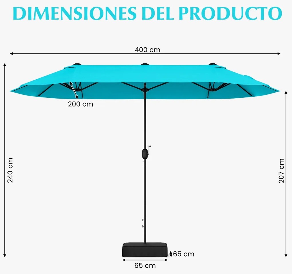 Guarda-sol duplo 400x200 cm jardim duplo para exterior com base recarregável, manivela e 12 varas de alta resistência Turquesa