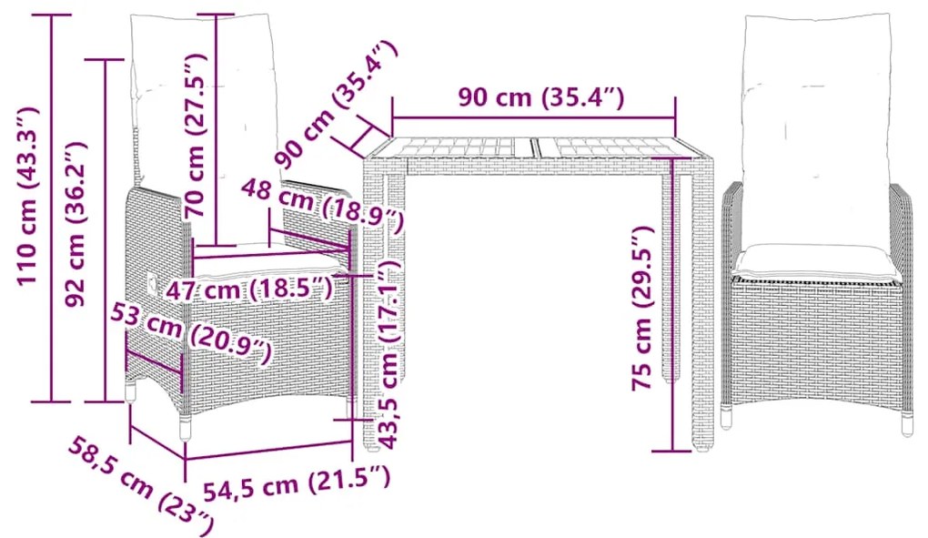 3 pcs conjunto bistrô de jardim c/ almofadões vime PE cinza