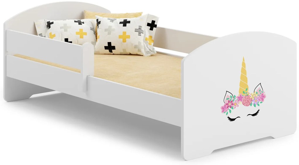 Cama infantil branca LUK 160x80 com grade - unicórnio - colchão e estrado incluído