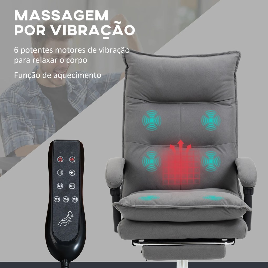 Cadeira de Escritório com 6 Pontos de Massagem e 5 Modos Reclinável com Função de Aquecimento 66x74x114-121,5 cm Cinza