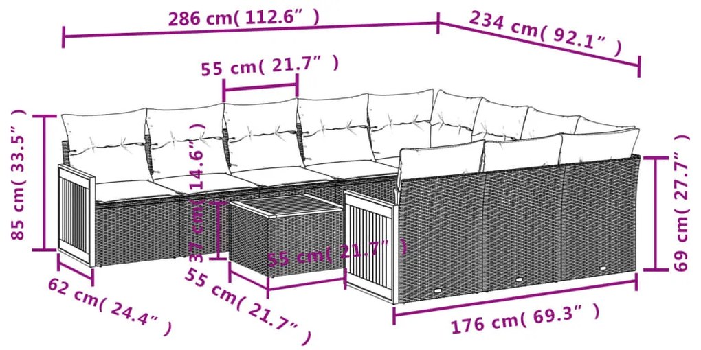 11 pcs conjunto sofás de jardim c/ almofadões vime PE bege