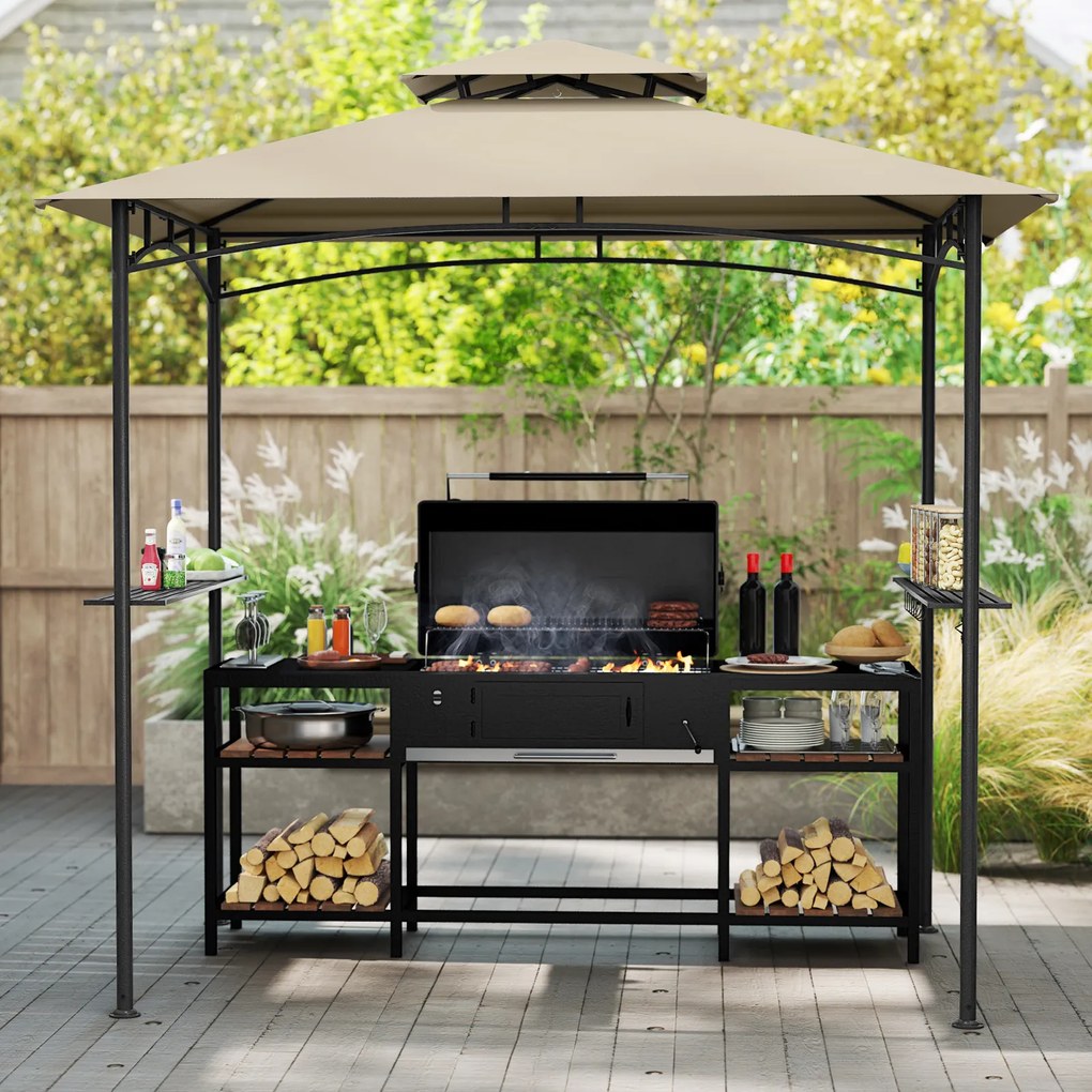Tenda para churrasco 242 x 150 cm (GRELHADOR NÂO INCLUIDO) com teto duplo, 2 prateleiras, 6 ganchos e Estrutura metálica Bege